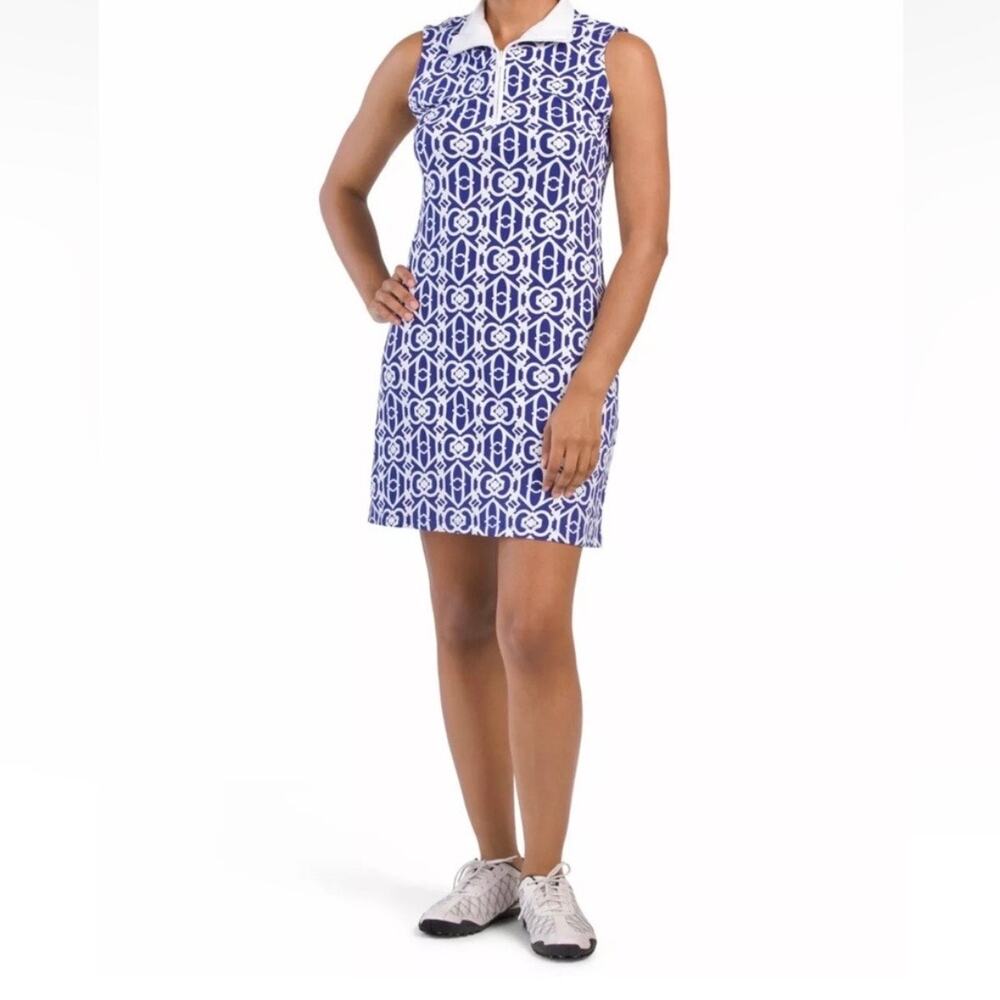 IBKUL Luck-Key Mock Neck Sleeveless Golf Dress Blue White UPF 50+ Size Small